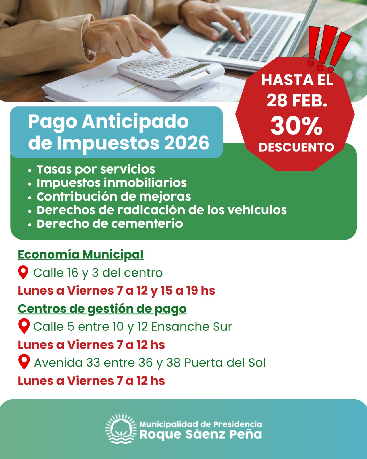 Continúa vigente el 30% de descuento en el pago anticipado de impuestos 2026